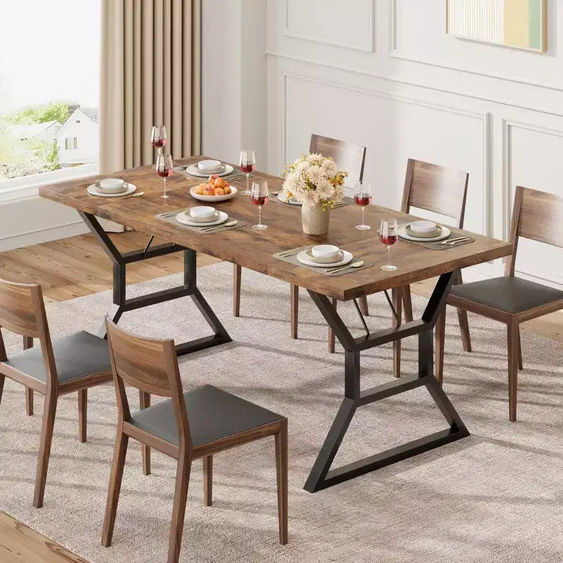 Mesa de Comedor Rectangular Negra y Marrón, Estilo Rústico, Asientos para 6