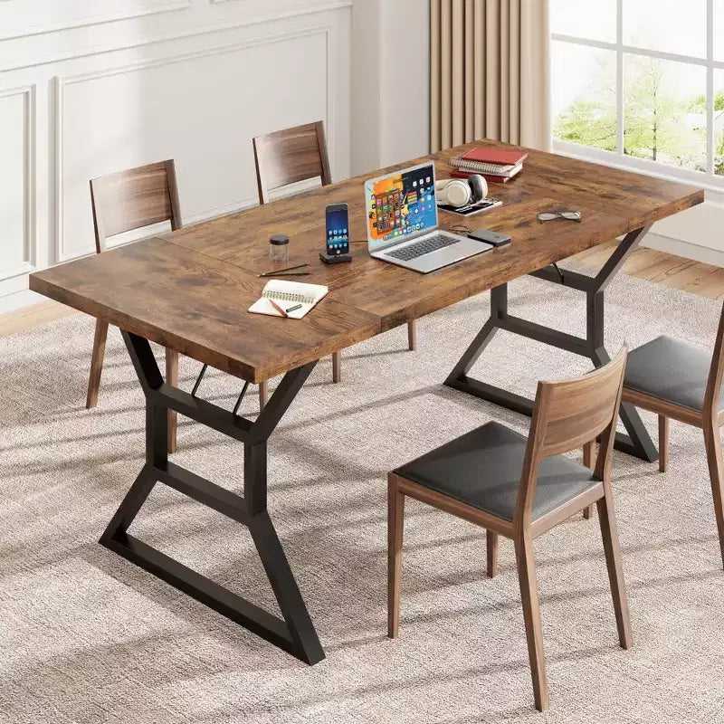 Mesa de Comedor Rectangular Negra y Marrón, Estilo Rústico, Asientos para 6