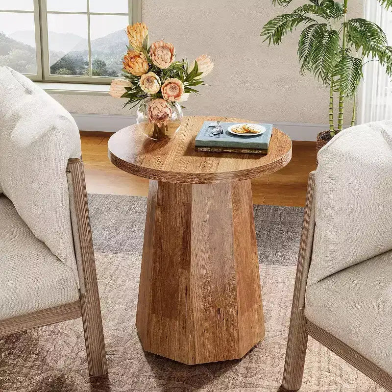 Mesa auxiliar redonda de madera color nogal/marrón con base octagonal