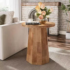 Mesa auxiliar redonda de madera color nogal/marrón con base octagonal