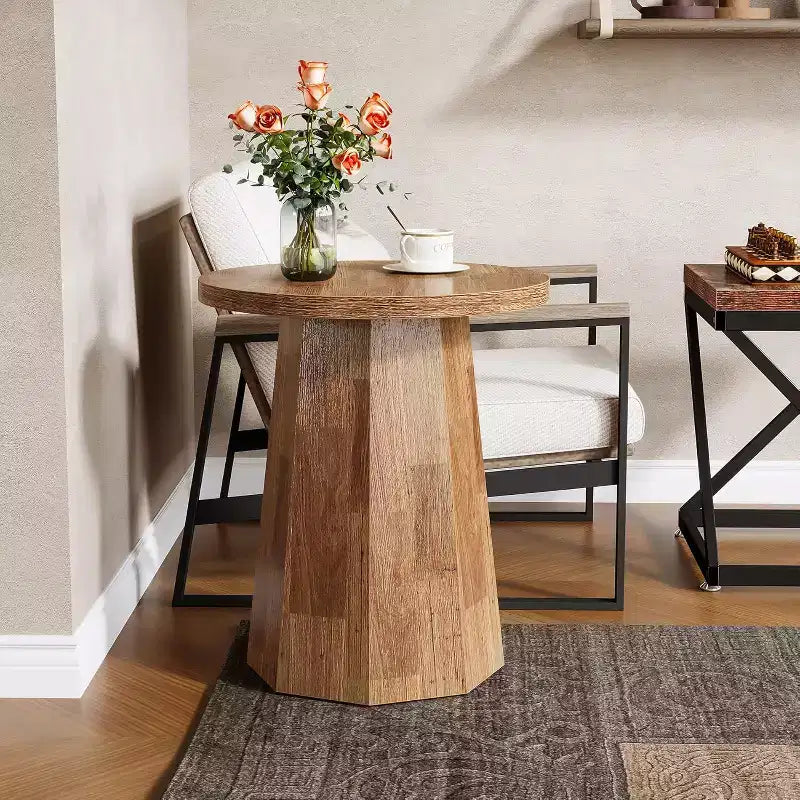 Mesa auxiliar redonda de madera color nogal/marrón con base octagonal