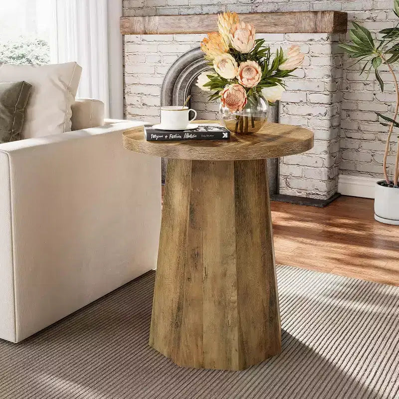 Mesa auxiliar redonda de madera color nogal/marrón con base octagonal