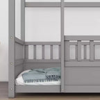 Marco de cama de suelo Okak Twin/Full Size con marco de techo de casa, vallas de seguridad, marco de cama bajo de madera para habitaciones de guardería a niños grandes