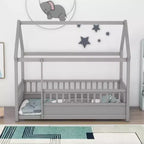 Marco de cama de suelo Okak Twin/Full Size con marco de techo de casa, vallas de seguridad, marco de cama bajo de madera para habitaciones de guardería a niños grandes