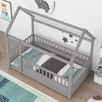 Marco de cama de suelo Okak Twin/Full Size con marco de techo de casa, vallas de seguridad, marco de cama bajo de madera para habitaciones de guardería a niños grandes