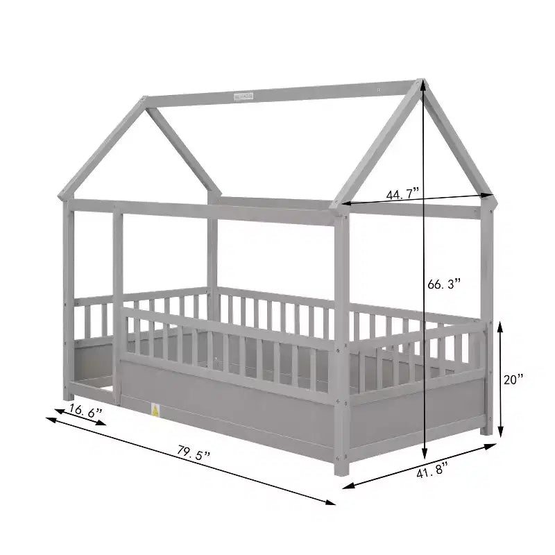 Marco de cama de suelo Okak Twin/Full Size con marco de techo de casa, vallas de seguridad, marco de cama bajo de madera para habitaciones de guardería a niños grandes