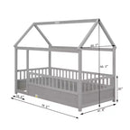 Marco de cama de suelo Okak Twin/Full Size con marco de techo de casa, vallas de seguridad, marco de cama bajo de madera para habitaciones de guardería a niños grandes