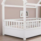 Marco de cama de suelo Okak Twin/Full Size con marco de techo de casa, vallas de seguridad, marco de cama bajo de madera para habitaciones de guardería a niños grandes