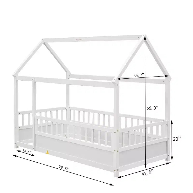 Marco de cama de suelo Okak Twin/Full Size con marco de techo de casa, vallas de seguridad, marco de cama bajo de madera para habitaciones de guardería a niños grandes