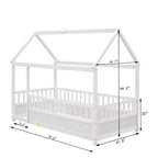 Marco de cama de suelo Okak Twin/Full Size con marco de techo de casa, vallas de seguridad, marco de cama bajo de madera para habitaciones de guardería a niños grandes