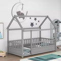 Marco de cama de suelo Okak Twin/Full Size con marco de techo de casa, vallas de seguridad, marco de cama bajo de madera para habitaciones de guardería a niños grandes