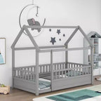 Marco de cama de suelo Okak Twin/Full Size con marco de techo de casa, vallas de seguridad, marco de cama bajo de madera para habitaciones de guardería a niños grandes