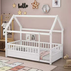 Okak Twin/Full Size Floor Bed Frame with House Roof Frame, Safety Fences, Wooden Low-Profile Bed Frame for Nursery to Big Kids Room