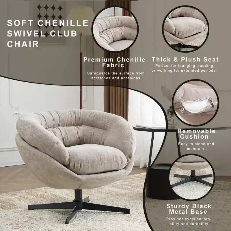 Sillón Giratorio Moderno de Chenilla – Cojín Extraíble, Rotación de 360°, Ergonómico
