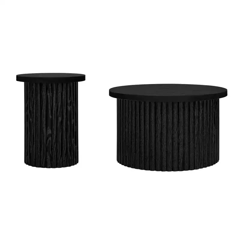 Juego de 2 mesas de centro redondas anidadas – Natural/Negro, MDF, Patas con Vetas de Madera