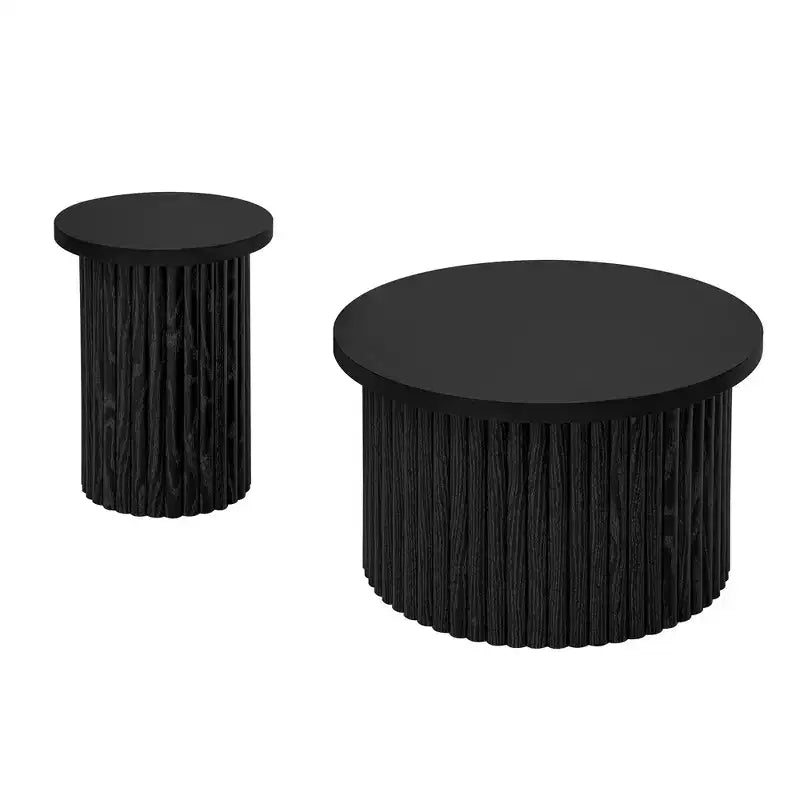 Juego de 2 mesas de centro redondas anidadas – Natural/Negro, MDF, Patas con Vetas de Madera