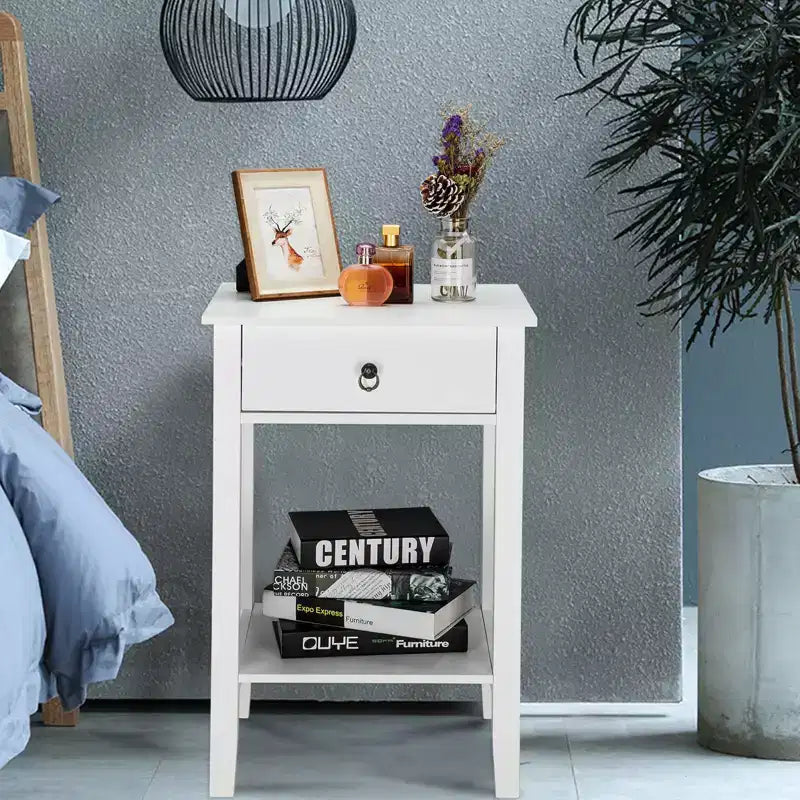 Mesita de noche blanca de MDF con 1 cajón – Estilo tradicional, estante abierto, patas rectas, 45,72 cm de ancho