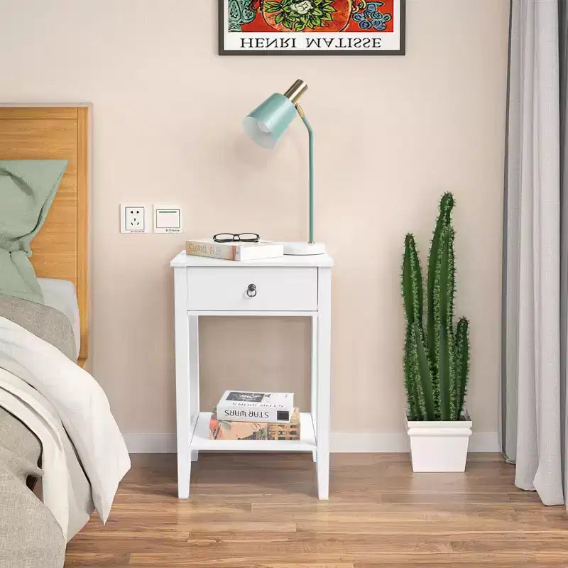 Mesita de noche blanca de MDF con 1 cajón – Estilo tradicional, estante abierto, patas rectas, 45,72 cm de ancho