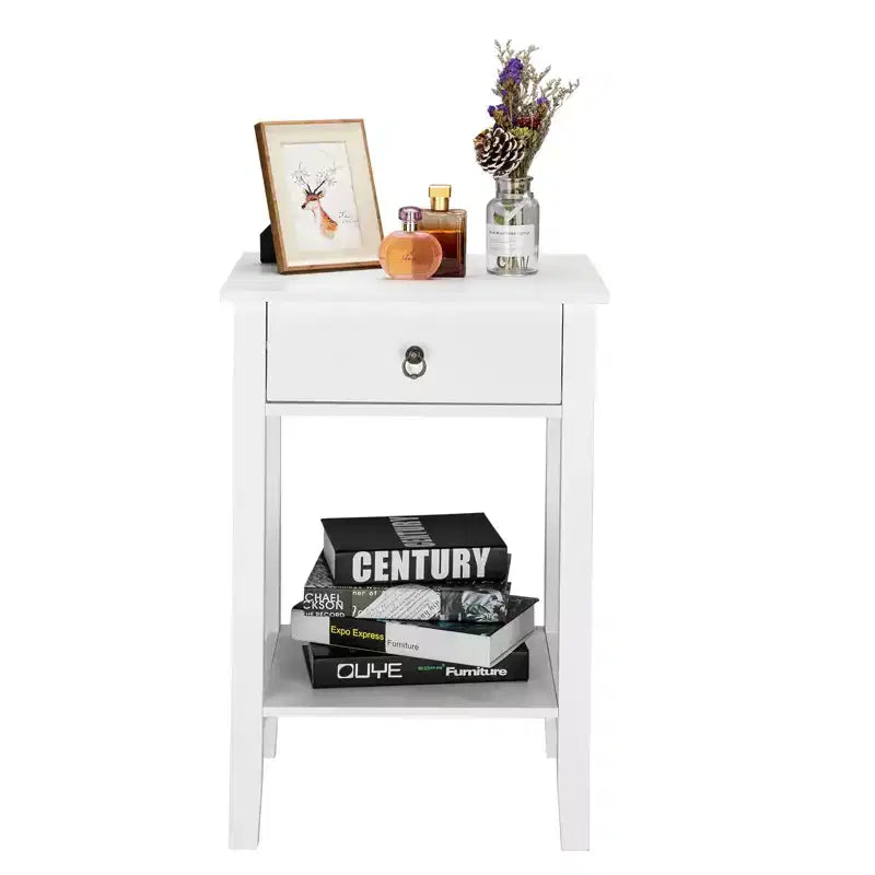 Mesita de noche blanca de MDF con 1 cajón – Estilo tradicional, estante abierto, patas rectas, 45,72 cm de ancho