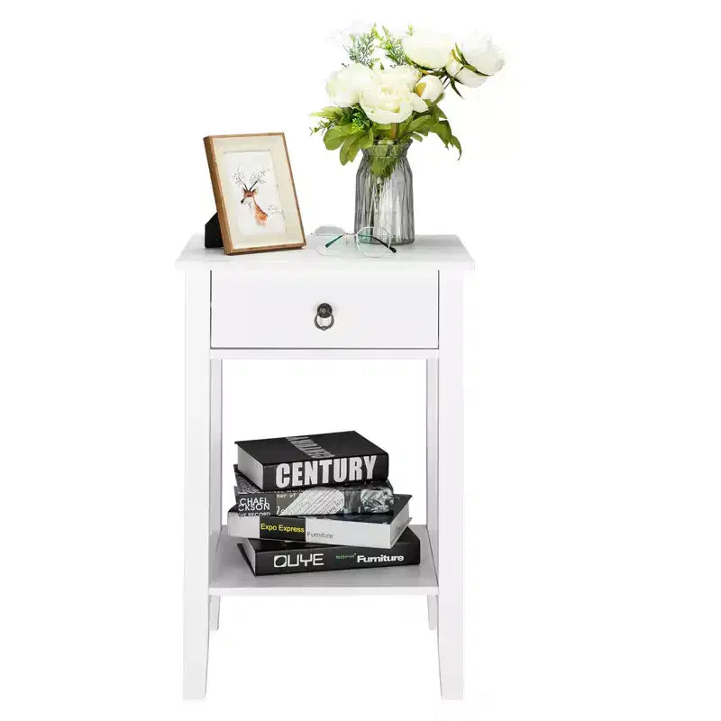 Mesita de noche blanca de MDF con 1 cajón – Estilo tradicional, estante abierto, patas rectas, 45,72 cm de ancho