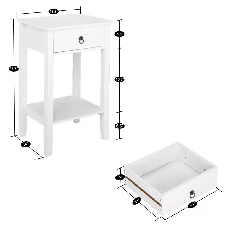 Mesita de noche blanca de MDF con 1 cajón – Estilo tradicional, estante abierto, patas rectas, 45,72 cm de ancho