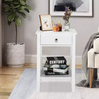 Mesita de noche blanca de MDF con 1 cajón – Estilo tradicional, estante abierto, patas rectas, 45,72 cm de ancho