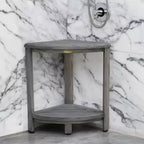 Banco esquinero de ducha de teca gris con estante – Resistente al agua, capacidad de 113 kg, compacto