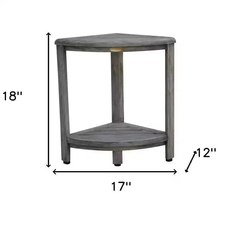 Banco esquinero de ducha de teca gris con estante – Resistente al agua, capacidad de 113 kg, compacto