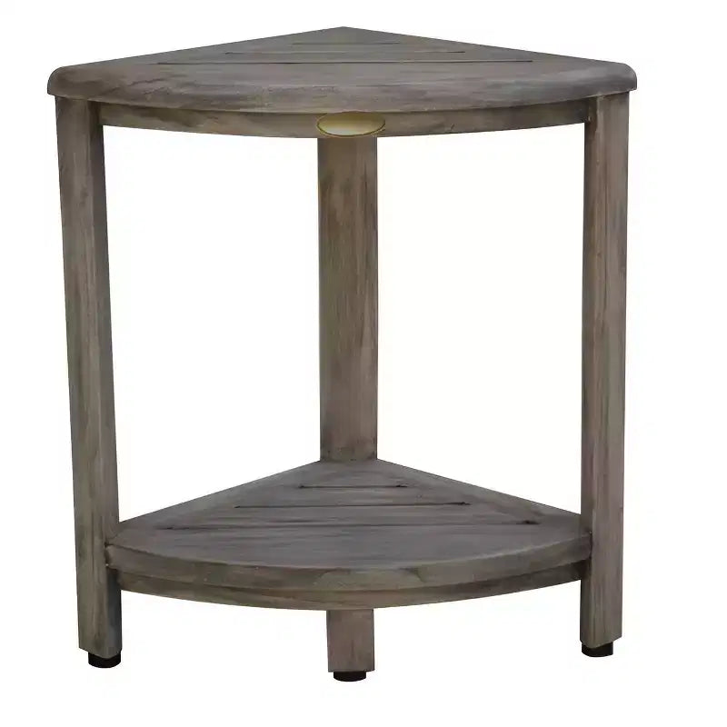 Banco esquinero de ducha de teca gris con estante – Resistente al agua, capacidad de 113 kg, compacto