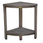 Banco esquinero de ducha de teca gris con estante – Resistente al agua, capacidad de 113 kg, compacto