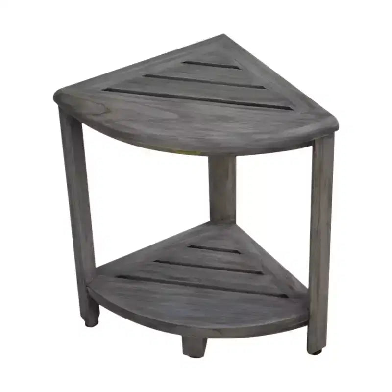 Banco esquinero de ducha de teca gris con estante – Resistente al agua, capacidad de 113 kg, compacto