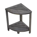 Banco esquinero de ducha de teca gris con estante – Resistente al agua, capacidad de 113 kg, compacto