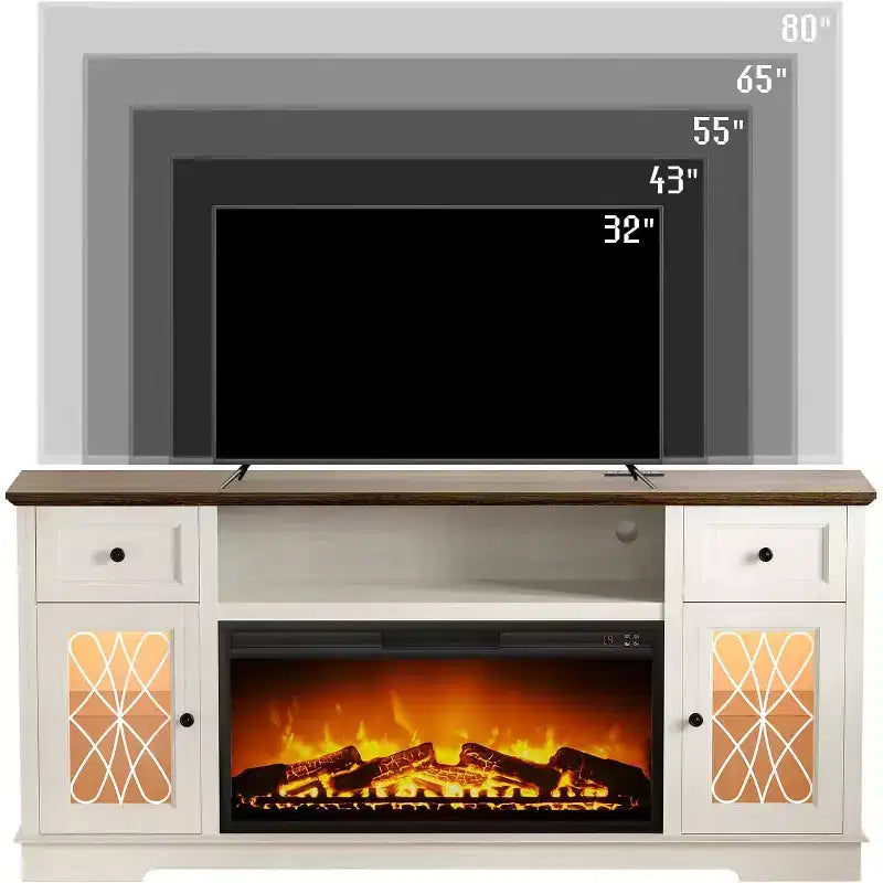 Dyonery Mueble TV Chimenea, Armario Almacenamiento para TV de 80 Pulgadas, Centro de Entretenimiento Rústico con Chimenea de 36 Pulgadas y Luces LED Blancas