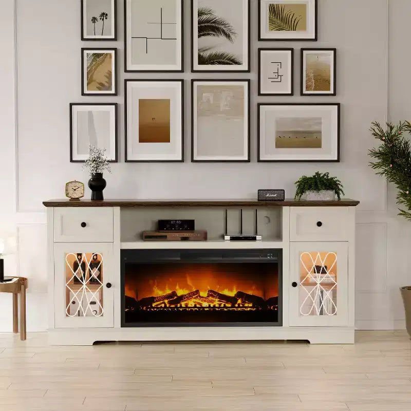 Dyonery Mueble TV Chimenea, Armario Almacenamiento para TV de 80 Pulgadas, Centro de Entretenimiento Rústico con Chimenea de 36 Pulgadas y Luces LED Blancas