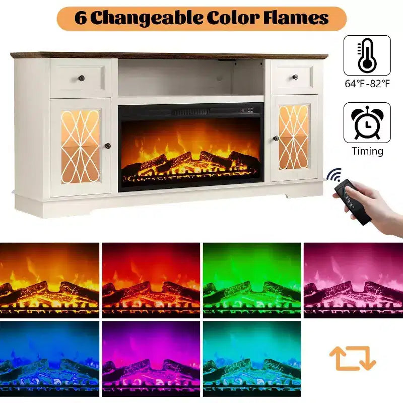 Dyonery Mueble TV Chimenea, Armario Almacenamiento para TV de 80 Pulgadas, Centro de Entretenimiento Rústico con Chimenea de 36 Pulgadas y Luces LED Blancas