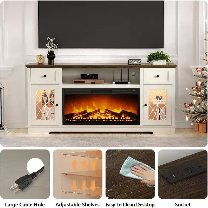 Dyonery Mueble TV Chimenea, Armario Almacenamiento para TV de 80 Pulgadas, Centro de Entretenimiento Rústico con Chimenea de 36 Pulgadas y Luces LED Blancas