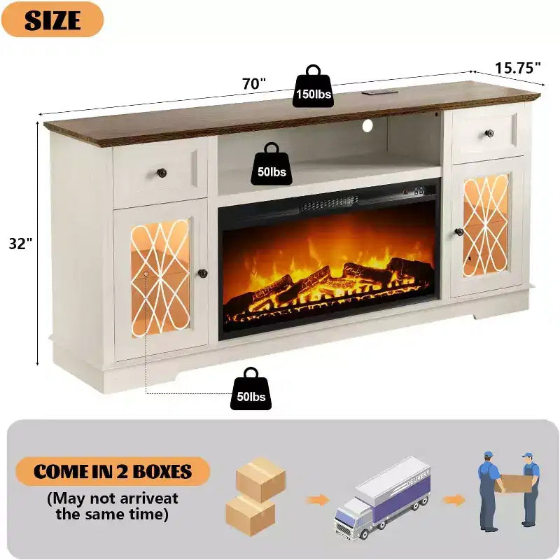 Dyonery Mueble TV Chimenea, Armario Almacenamiento para TV de 80 Pulgadas, Centro de Entretenimiento Rústico con Chimenea de 36 Pulgadas y Luces LED Blancas