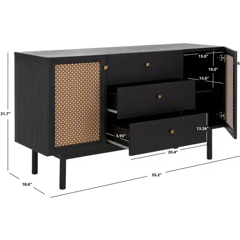 Aparador y mueble de TV de 2 puertas y 3 cajones – Nogal, malla dorada, apto para televisores de hasta 60"