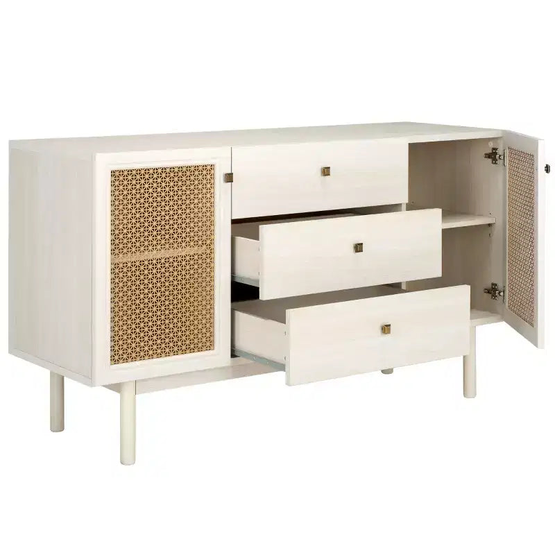 Aparador y mueble de TV de 2 puertas y 3 cajones – Nogal, malla dorada, apto para televisores de hasta 60"