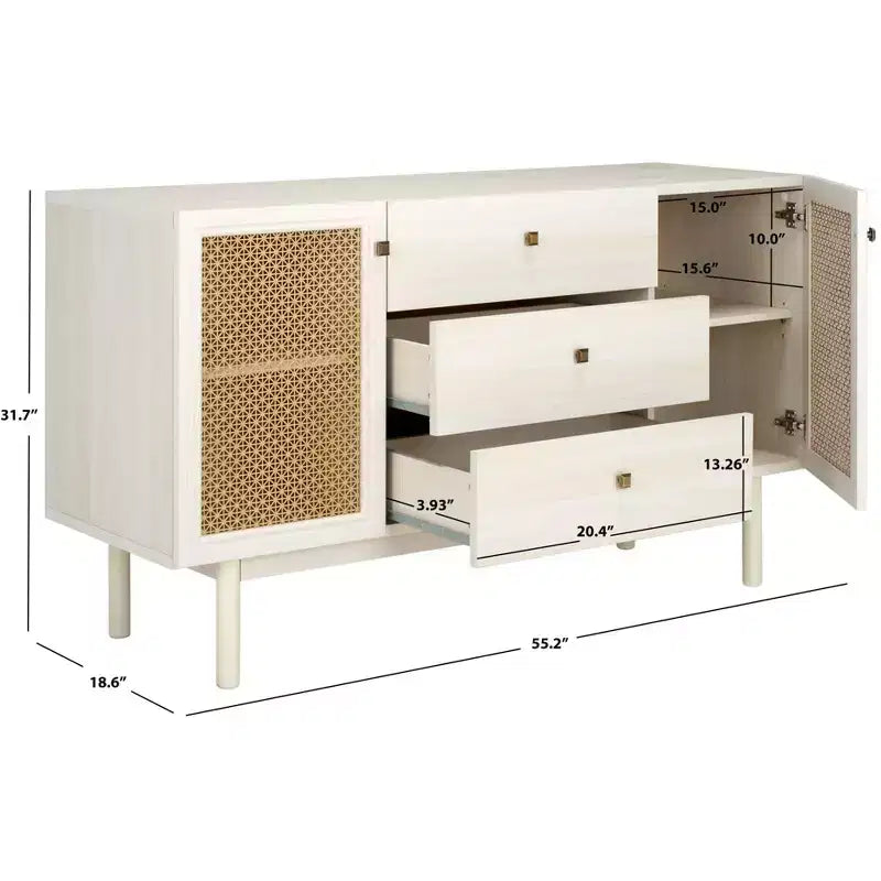 Aparador y mueble de TV de 2 puertas y 3 cajones – Nogal, malla dorada, apto para televisores de hasta 60"