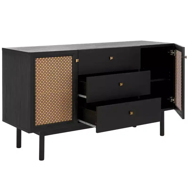 Aparador y mueble de TV de 2 puertas y 3 cajones – Nogal, malla dorada, apto para televisores de hasta 60"