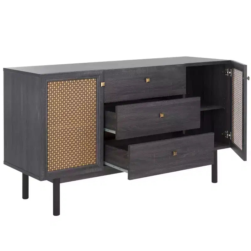 Aparador y mueble de TV de 2 puertas y 3 cajones – Nogal, malla dorada, apto para televisores de hasta 60"