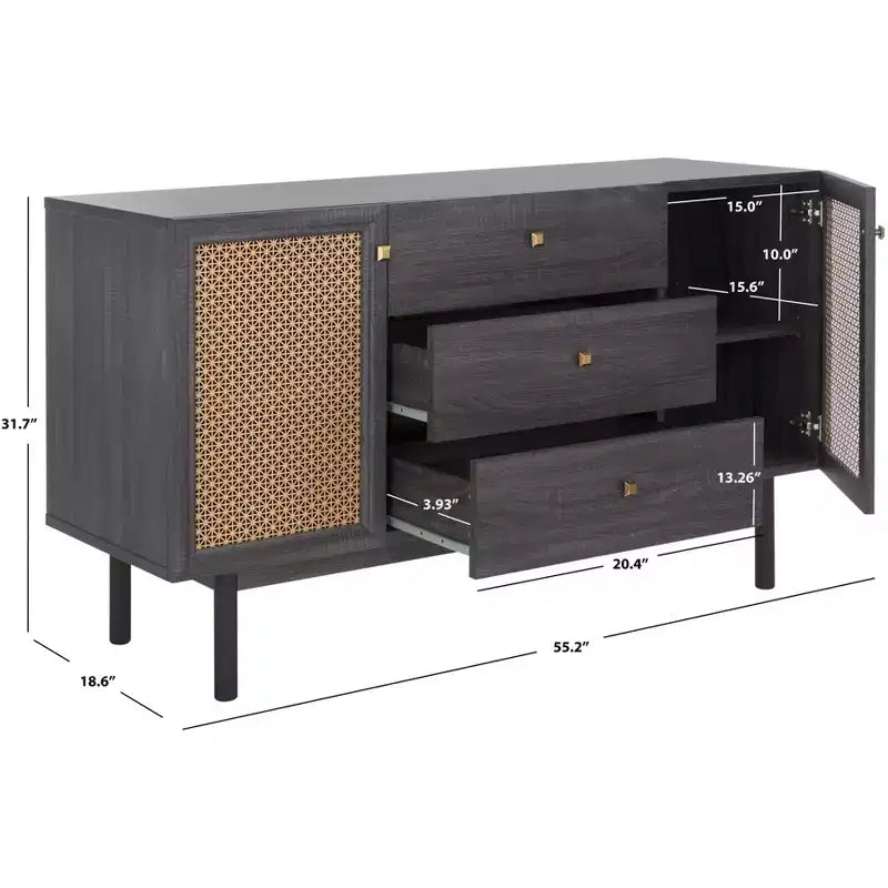 Aparador y mueble de TV de 2 puertas y 3 cajones – Nogal, malla dorada, apto para televisores de hasta 60"