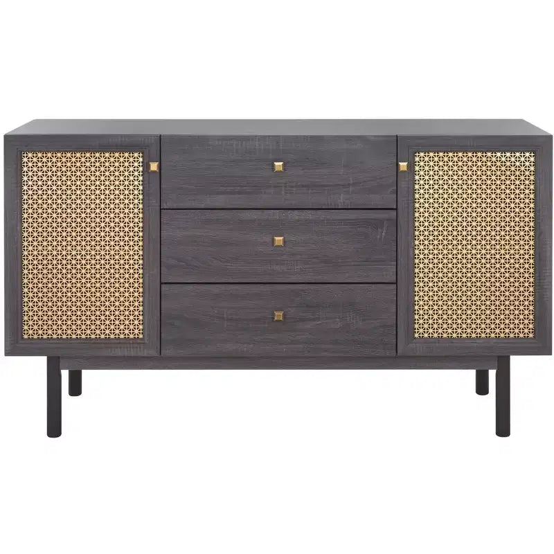 Aparador y mueble de TV de 2 puertas y 3 cajones – Nogal, malla dorada, apto para televisores de hasta 60"