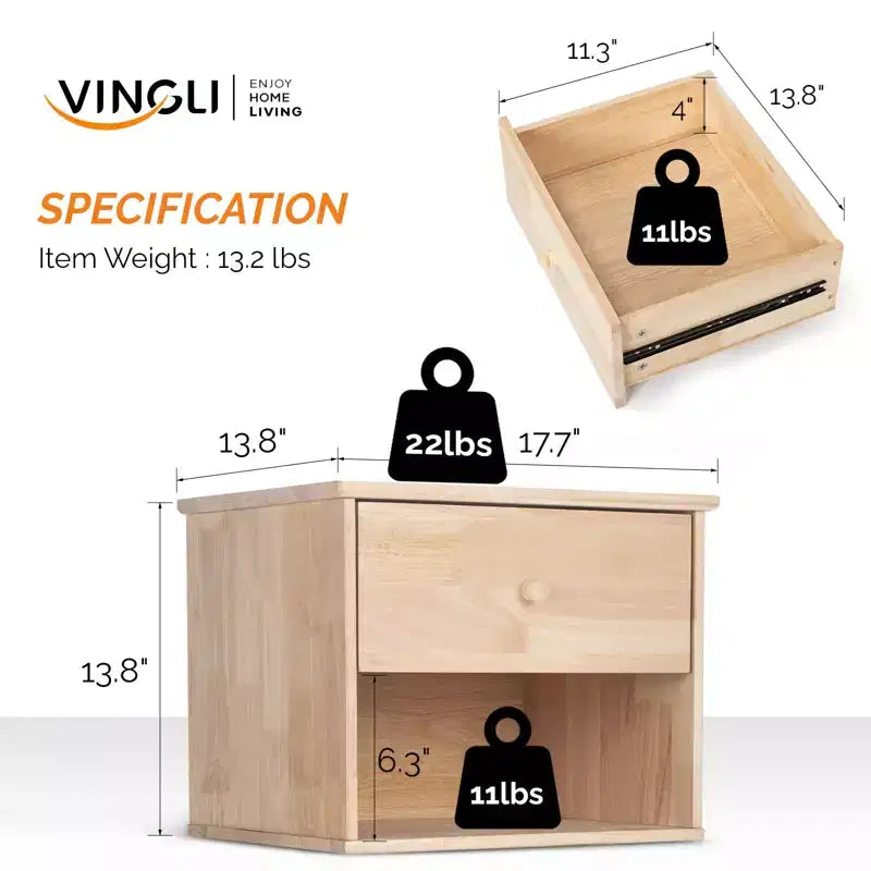 Mesa de noche flotante de pared de madera de caucho natural con cajón, para pintar, 1 persona