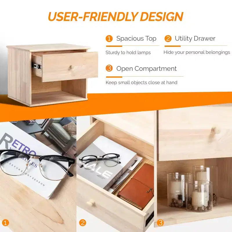 Mesa de noche flotante de pared de madera de caucho natural con cajón, para pintar, 1 persona
