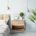 Mesa de noche flotante de pared de madera de caucho natural con cajón, para pintar, 1 persona