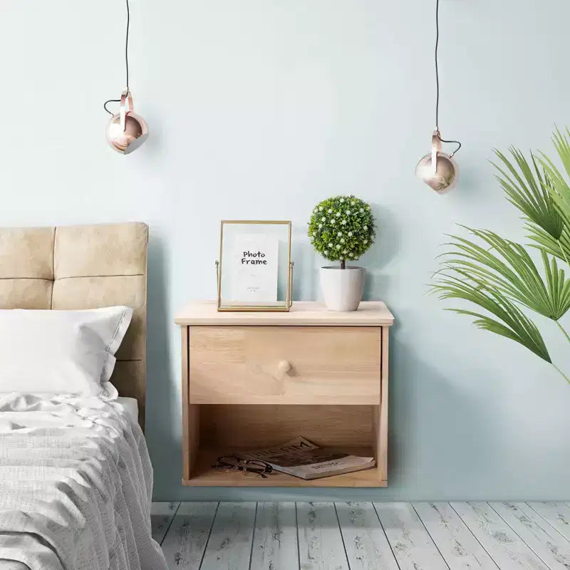 Mesa de noche flotante de pared de madera de caucho natural con cajón, para pintar, 1 persona