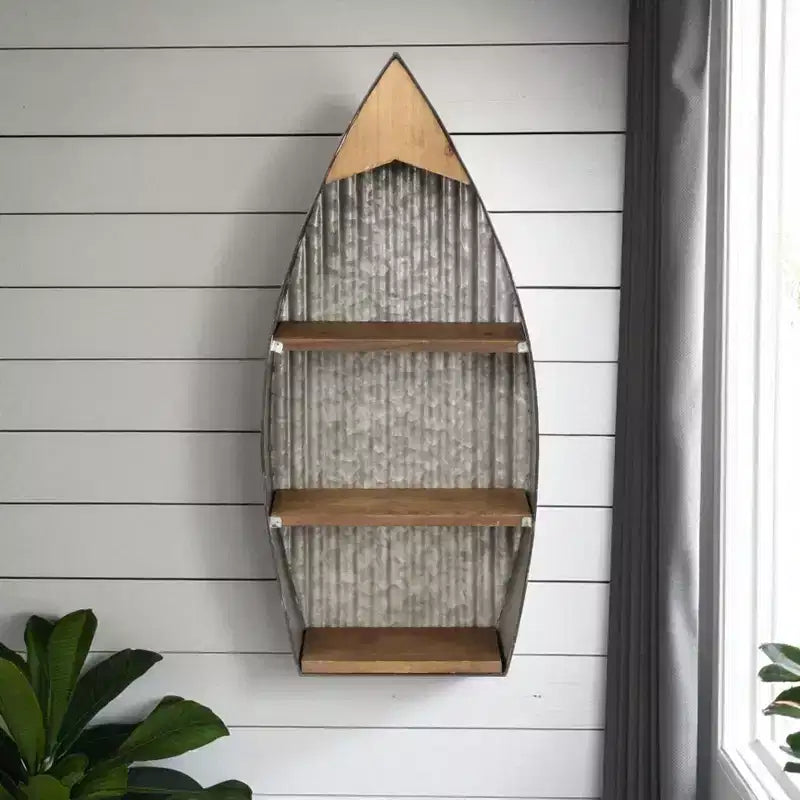 Estante de pared de 3 niveles con forma de bote, marrón y gris – Acero galvanizado y madera, cerradura