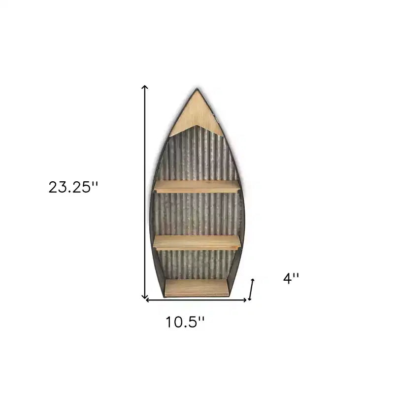 Estante de pared de 3 niveles con forma de bote, marrón y gris – Acero galvanizado y madera, cerradura